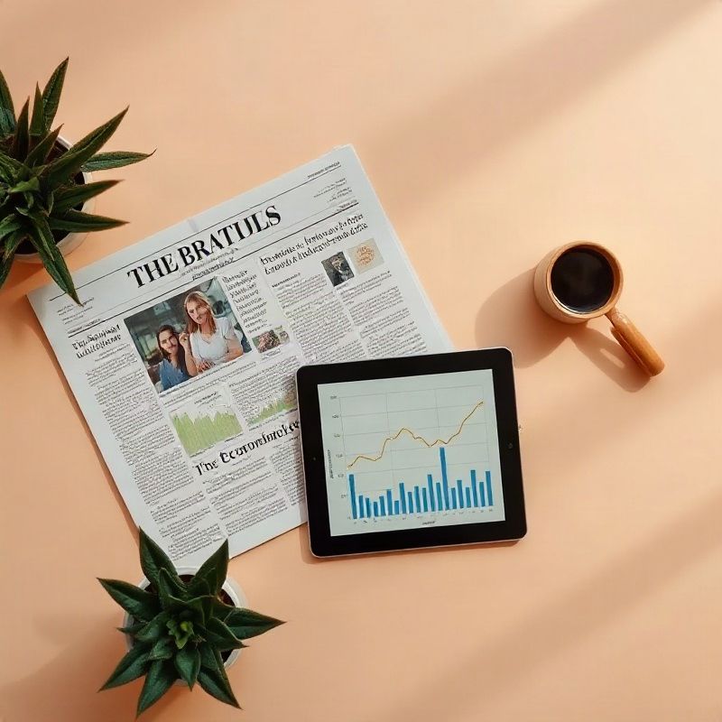 Escritorio editorial con periódicos y una tableta mostrando gráficos económicos